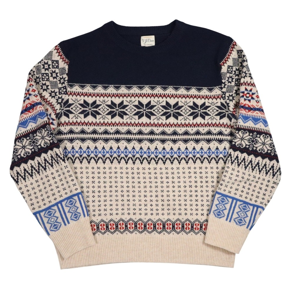 J.Crew‎ Fair Isle 100% Lambswool Crewneck Sweater Mens Medium Navy Cream Nordic